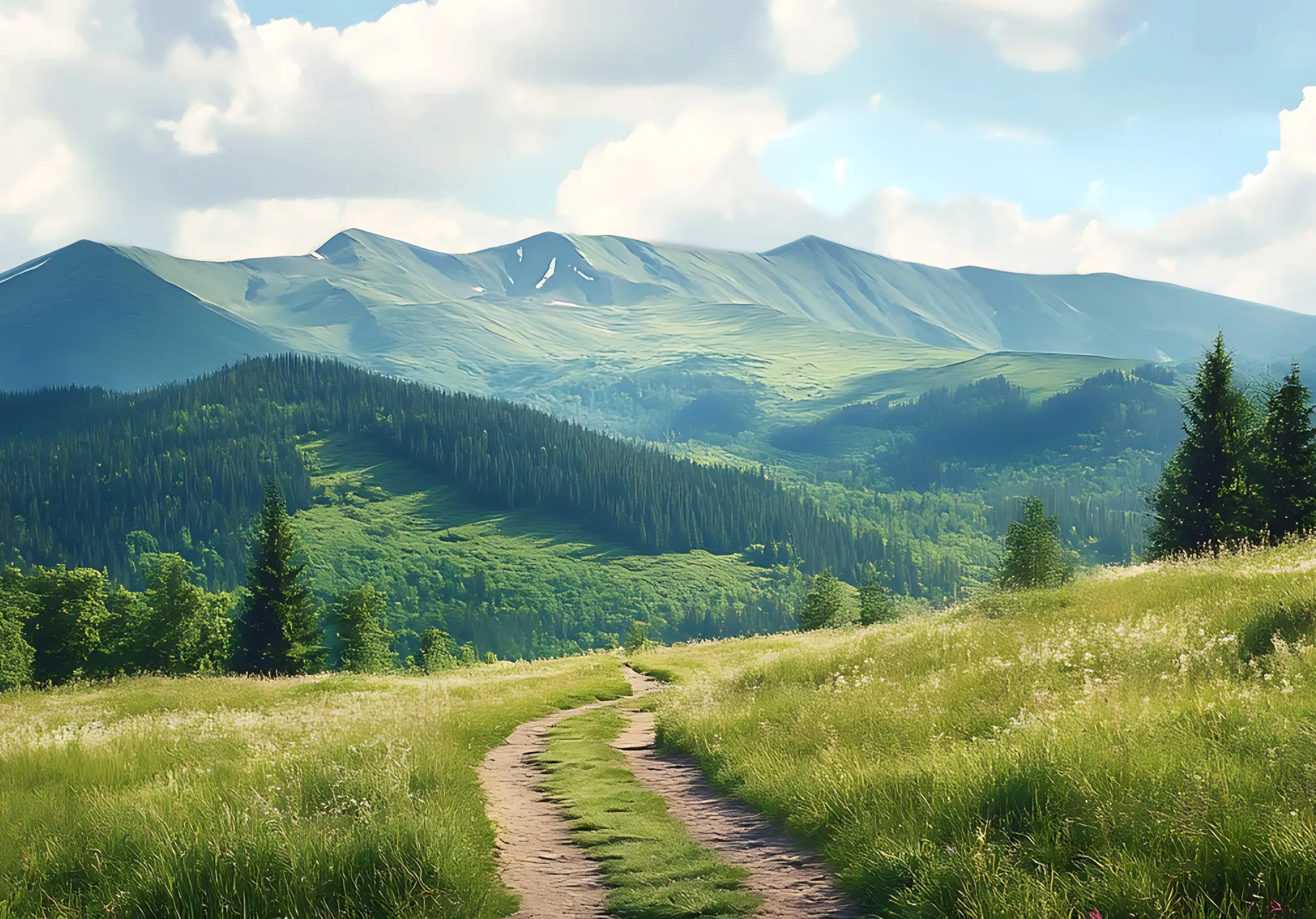 Scenic mountain view with lush green trees and grass in the foreground